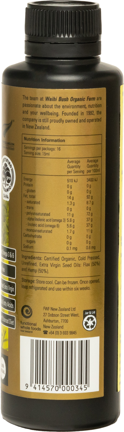 Bottle label with nutritional information and branding on a black background