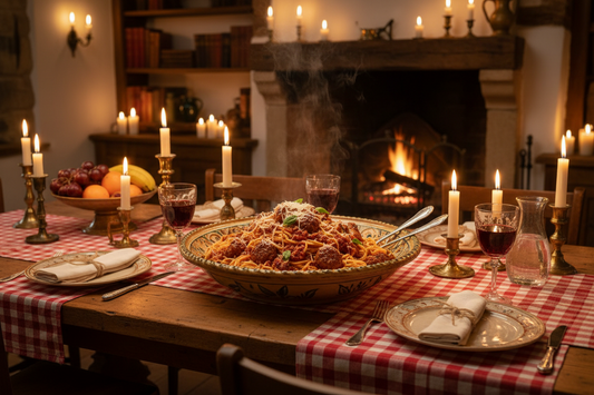 A large bowl of spaghetti with meatballs and grated cheese sits on a rustic wooden dining table set with a red and white checkered tablecloth, lit candles, wine glasses, and plates, with a warm fireplace and bookshelves in the background.