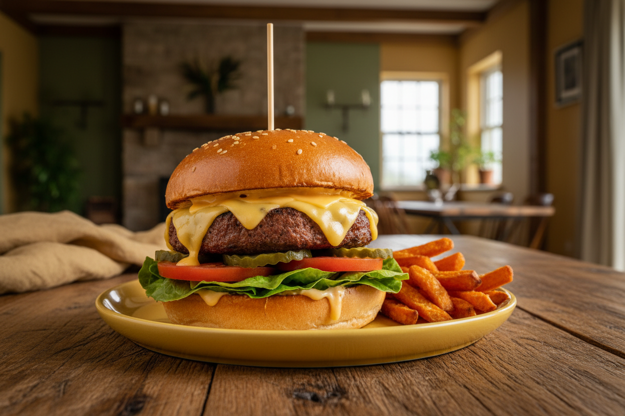 A large cheeseburger with a sesame bun, melted cheese, beef patty, lettuce, and tomato on a yellow plate, served with sweet potato fries on a rustic wooden table in a warm indoor setting.